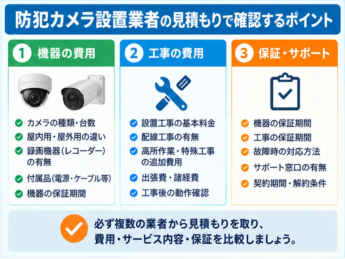 実家の防犯カメラ設置業者の見積もりで確認したい費用・工事・保証の確認ポイントを整理した図解