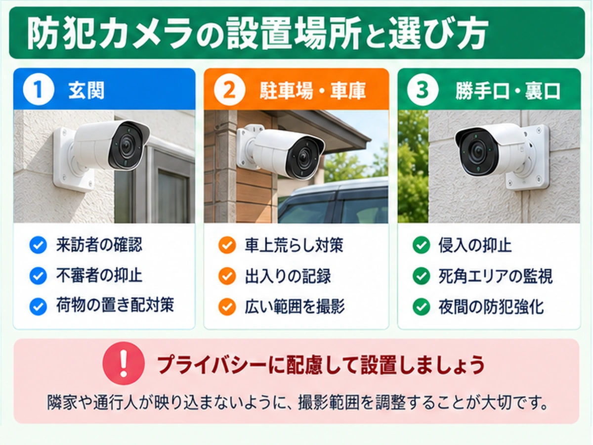 高齢の親の実家に防犯カメラを付ける場所｜玄関・駐車場・勝手口とプライバシーの確認ポイントを整理した図解