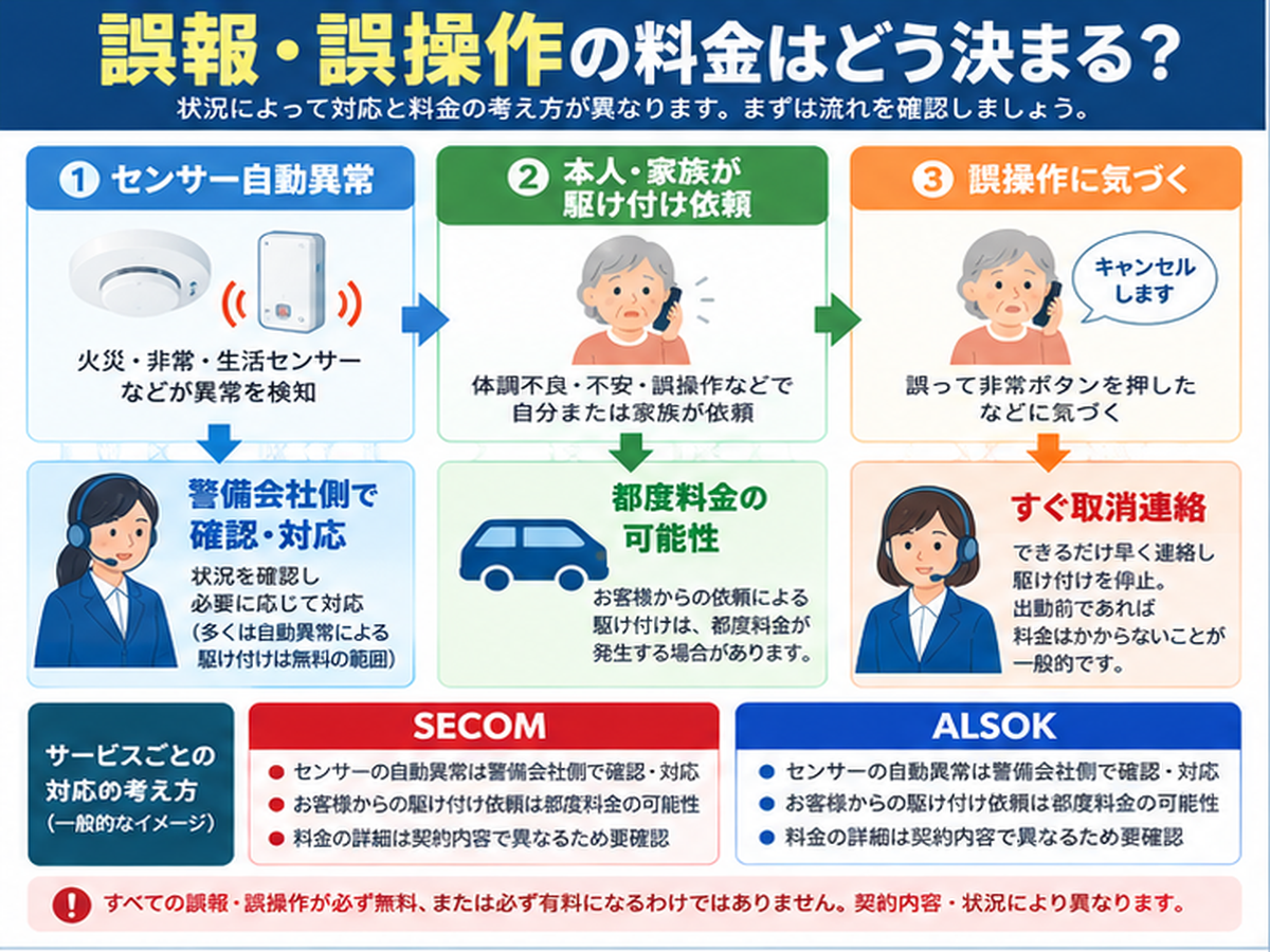 ホームセキュリティの誤報・誤操作で料金はかかる？セコム・ALSOKを確認の判断ポイント図解