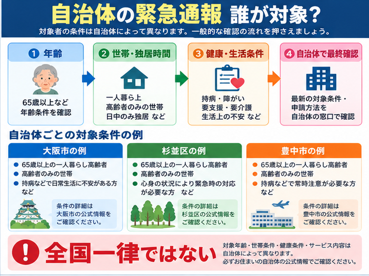 自治体の高齢者緊急通報システムは誰が対象?一人暮らし・高齢者世帯・持病条件の判断ポイント図解