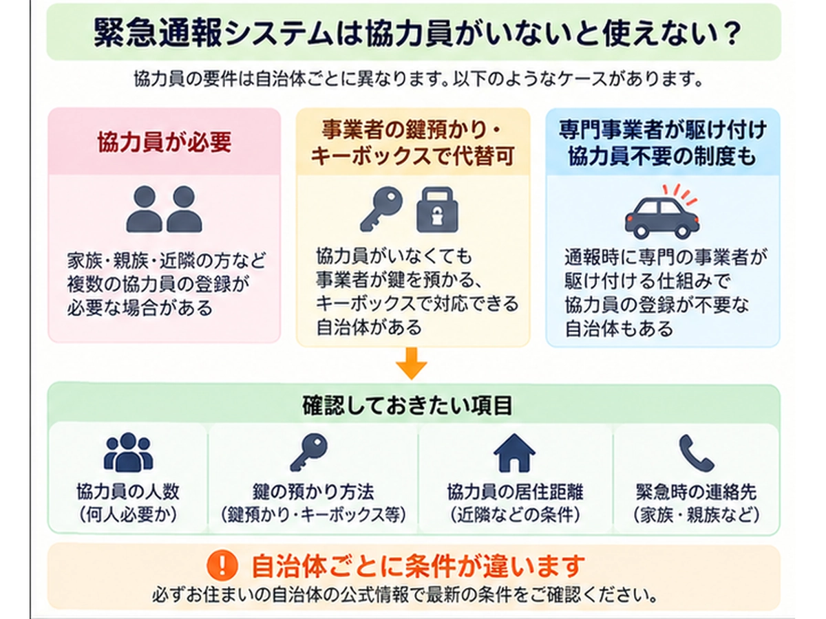 緊急通報システムは協力員がいないと使えない？自治体ごとの条件と代替策の図解