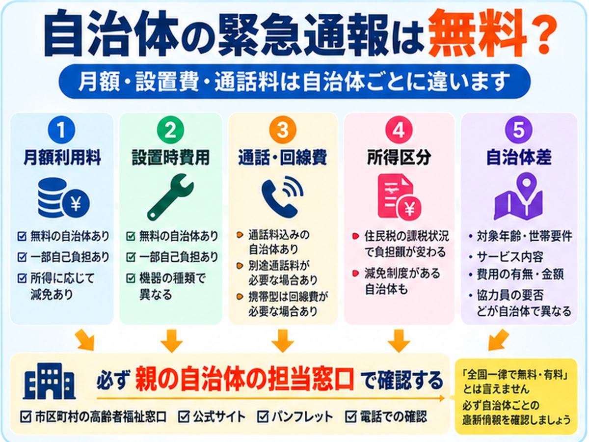 自治体の緊急通報は無料？月額・設置費・通話料を確認の要点図解
