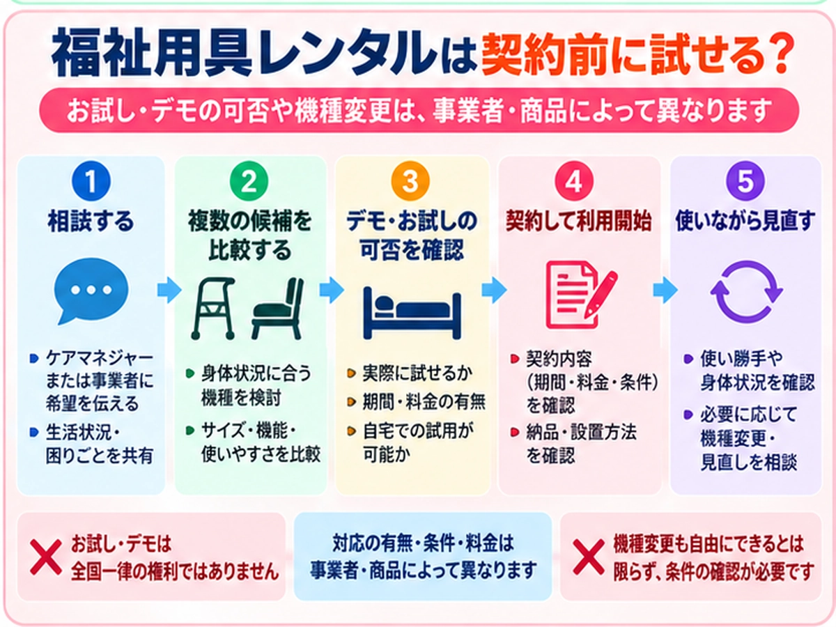 福祉用具レンタルは契約前に試せる?お試し・デモ・機種変更の要点図解
